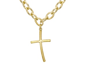 18K Yellow Gold Over Bronze Polished Curved Cross With Cable 20 Inch Chain