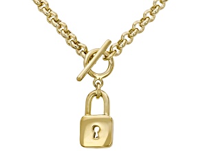 18K Yellow Gold Over Bronze Polished Lock Pendant With Rolo 18 Inch Chain