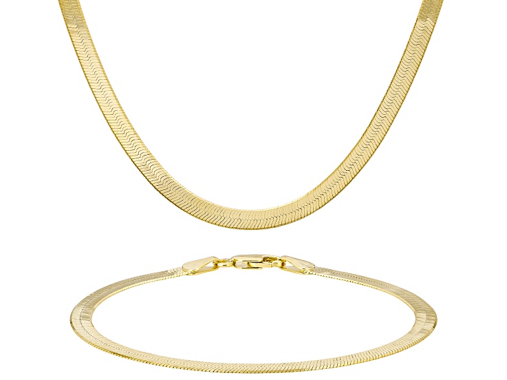 18K Yellow Gold Over Bronze Herringbone 18" Necklace & 7.5" Bracelet Jewelry Set