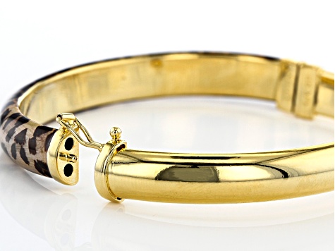 18K Yellow Gold Over Bronze Leopard Enamel Oval Bangle Bracelet