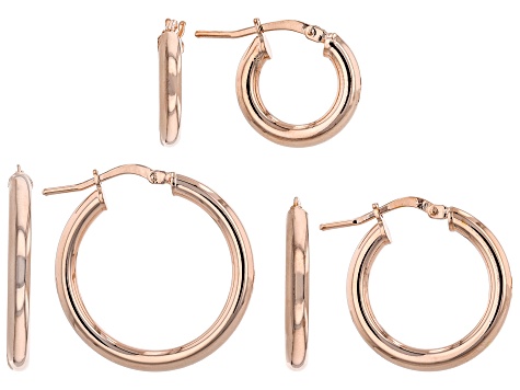 18K Rose Gold Over Bronze Set of 3 10MM-15MM-20MM Tube Hoop Earrings