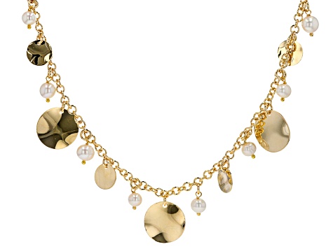 18K Yellow Gold Over Bronze Disc Station Pearl Simulant Necklace
