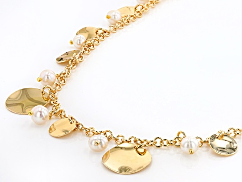 18K Yellow Gold Over Bronze Disc Station Pearl Simulant Necklace