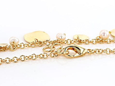 18K Yellow Gold Over Bronze Disc Station Pearl Simulant Necklace
