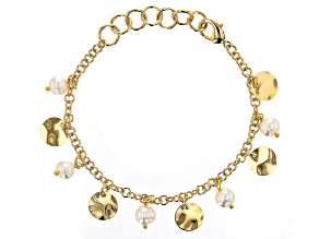 18K Yellow Gold Over Bronze Disc Station Pearl Simulant Bracelet