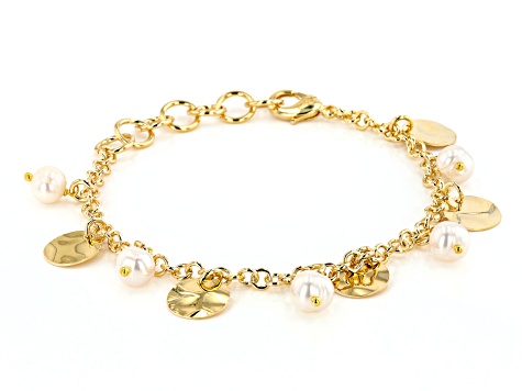 18K Yellow Gold Over Bronze Disc Station Pearl Simulant Bracelet