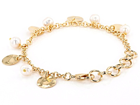 18K Yellow Gold Over Bronze Disc Station Pearl Simulant Bracelet