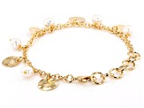 18K Yellow Gold Over Bronze Disc Station Pearl Simulant Bracelet