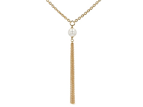 18K Yellow Gold Over Bronze Pearl Simulant Cable Tassel Necklace