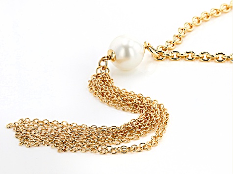 18K Yellow Gold Over Bronze Pearl Simulant Cable Tassel Necklace