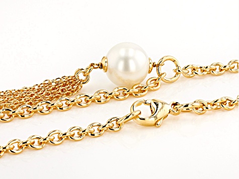18K Yellow Gold Over Bronze Pearl Simulant Cable Tassel Necklace