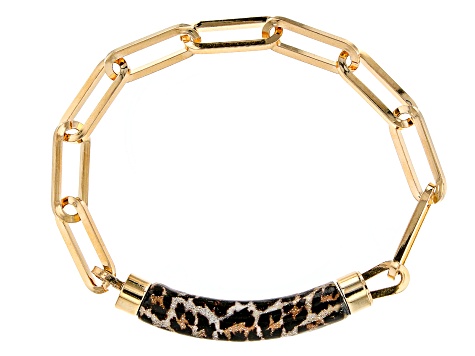 18k Yellow Gold Over Bronze Paperclip Bracelet With Leopard Enamel