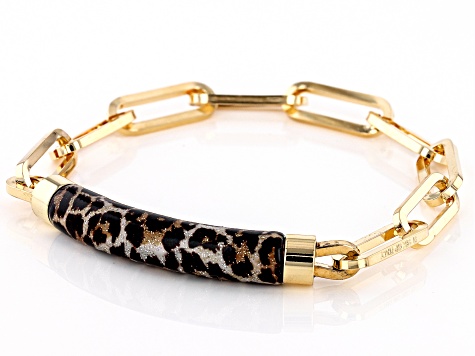 18k Yellow Gold Over Bronze Paperclip Bracelet With Leopard Enamel