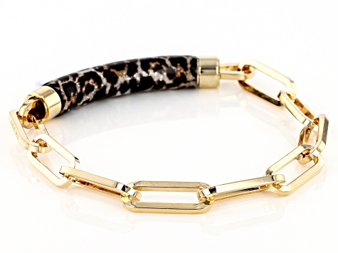18k Yellow Gold Over Bronze Paperclip Bracelet With Leopard Enamel