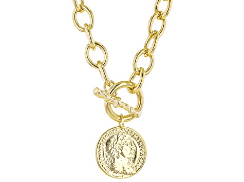 18k Yellow Gold Over Bronze Rolo Link 18 Inch Necklace With Coin Toggle Clasp