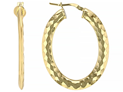 18k Yellow Gold Over Bronze Oval Diamond-Cut Hoop Earrings