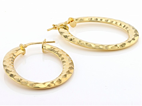 18k Yellow Gold Over Bronze Oval Diamond-Cut Hoop Earrings