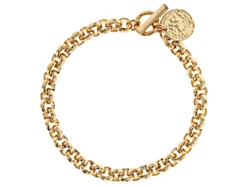 Picture of 18k Yellow Gold Over Bronze Rolo Link Coin Replica Toggle Bracelet