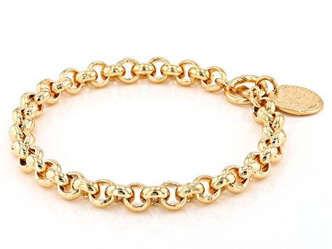 18k Yellow Gold Over Bronze Rolo Link Coin Replica Toggle Bracelet