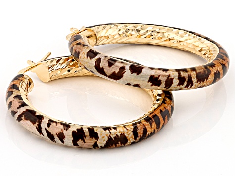 18k Yellow Gold Over Bronze Leopard Enamel Diamond-Cut Hoop