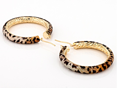 18k Yellow Gold Over Bronze Leopard Enamel Diamond-Cut Hoop Earrings
