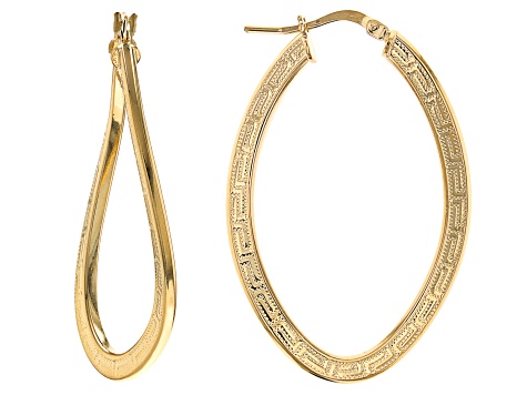 18k Yellow Gold Over Bronze Wavy Oval Greek Key Hoop Earrings