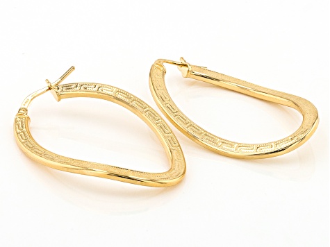 18k Yellow Gold Over Bronze Wavy Oval Greek Key Hoop Earrings