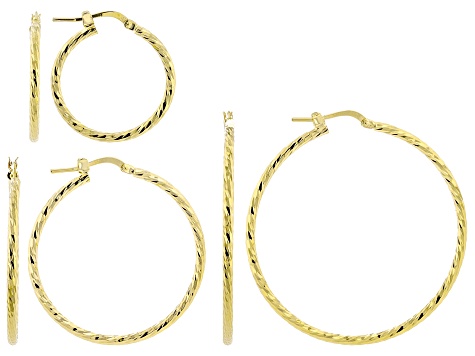 18k Yellow Gold Over Bronze Twisted Hoop Earrings Set of 3