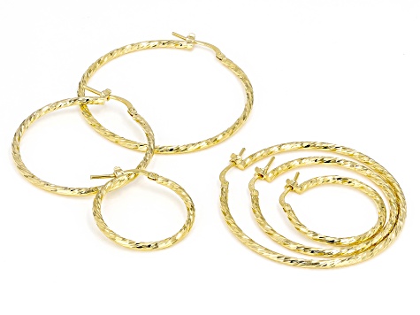 18k Yellow Gold Over Bronze Twisted Hoop Earrings Set of 3