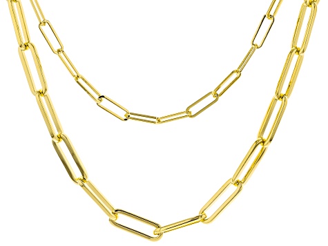 18k Yellow Gold Over Bronze Multi-Row Paperclip Link 22 Inch Necklace