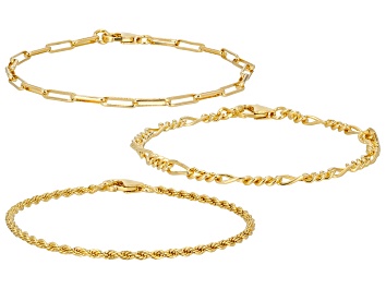 Picture of 18k Yellow Gold Over Bronze Rope, Paperclip, & Figaro Link Bracelet Set of 3