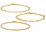 18k Yellow Gold Over Bronze Rope, Paperclip, & Figaro Link Bracelet Set of 3
