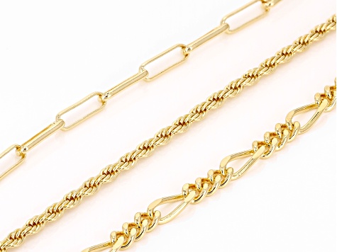 18k Yellow Gold Over Bronze Rope, Paperclip, & Figaro Link Bracelet Set of 3