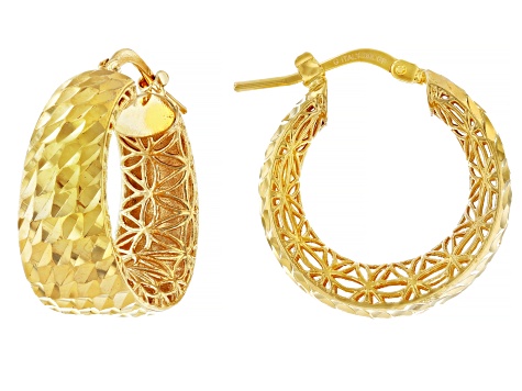 18k Yellow Gold Over Bronze Diamond-Cut Filigree 15/16" Hoop Earrings
