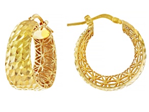 18k Yellow Gold Over Bronze Diamond-Cut Filigree 15/16" Hoop Earrings