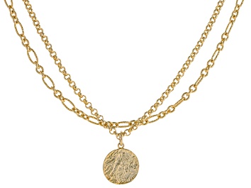 Picture of 18k Yellow Gold Over Bronze Rolo & Figaro Link Multi-Row Faux Coin 20 Inch Necklace