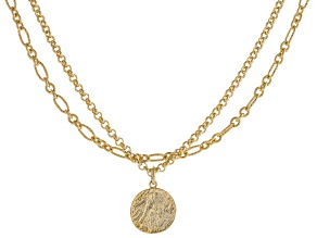18k Yellow Gold Over Bronze Rolo & Figaro Link Multi-Row Faux Coin 20 Inch Necklace
