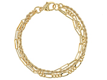 Picture of Moda Al Massimo® 18k Yellow Gold Over Bronze Paperclip, Figaro, & Rope Link Multi-Row Bracelet