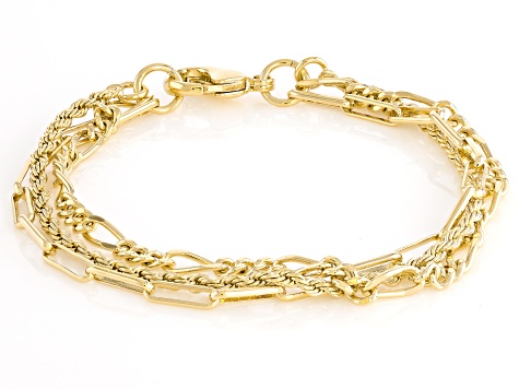 Moda Al Massimo® 18k Yellow Gold Over Bronze Paperclip, Figaro, & Rope Link Multi-Row Bracelet