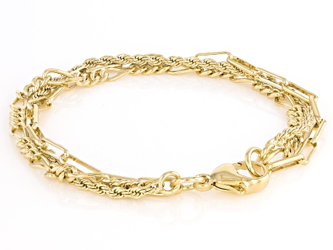 Moda Al Massimo® 18k Yellow Gold Over Bronze Paperclip, Figaro, & Rope Link Multi-Row Bracelet