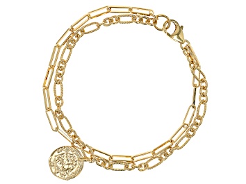 Picture of 18k Yellow Gold Over Bronze Paperclip & Figaro Link Multi-Row Coin Replica Bracelet