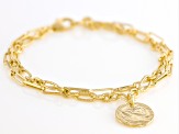 18k Yellow Gold Over Bronze Paperclip & Figaro Link Multi-Row Coin Replica Bracelet