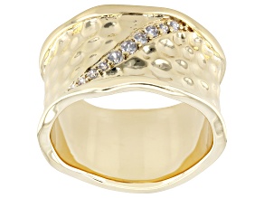 18k Yellow Gold Over Bronze White Cubic Zirconia Hammered Satin Finish Ring