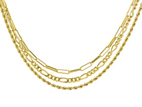 18k Yellow Gold Over Bronze Paperclip, Figaro, & Rope 20 Inch Chain Set of 3