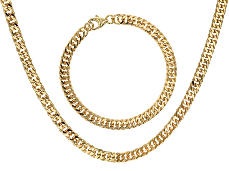 18k Yellow Gold Over Bronze 6mm Curb 20 Inch Chain and 7.5 Inch Bracelet Set