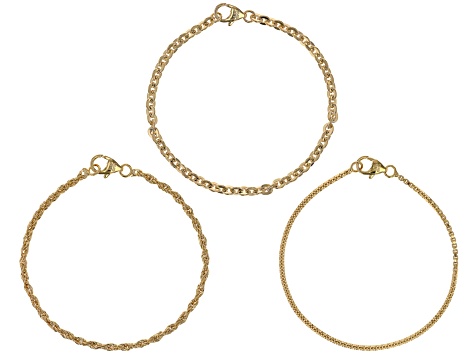 18k Yellow Gold Over Bronze Box, Rope, & Cable Link Bracelet Set of 3