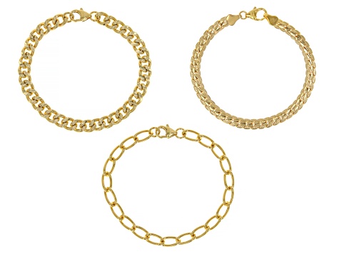 18k Yellow Gold Over Bronze Curb Link Bracelet Set of 3