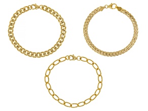 18k Yellow Gold Over Bronze Curb Link Bracelet Set of 3