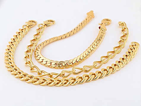 18k Yellow Gold Over Bronze Curb Link Bracelet Set of 3