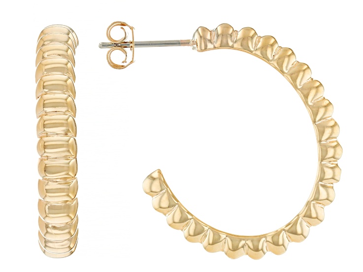 18k Yellow Gold Over Bronze 1" Scalloped J-Hoop Earrings